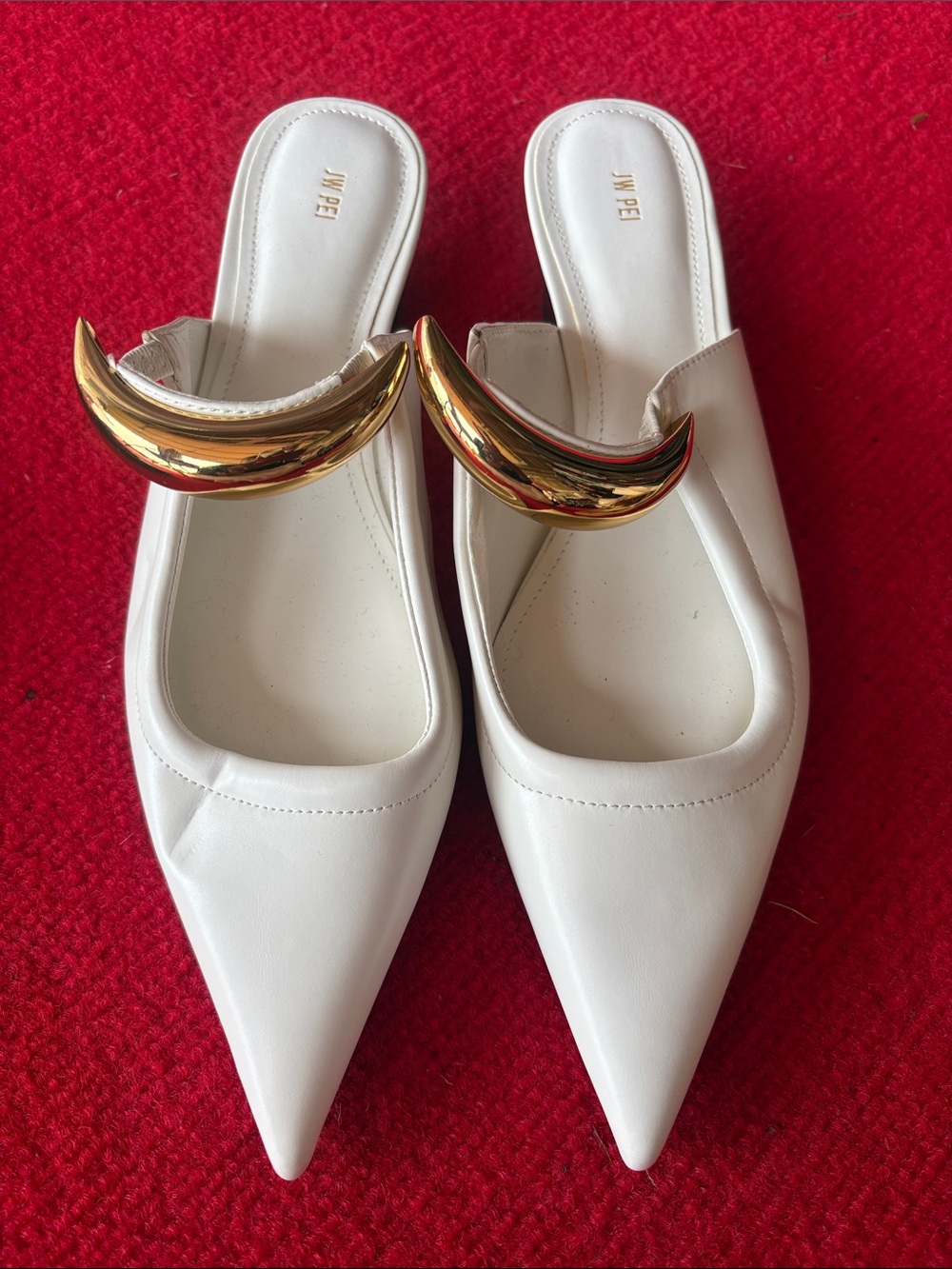 JW PEI White Pointed Mules with Gold Crescent Accent